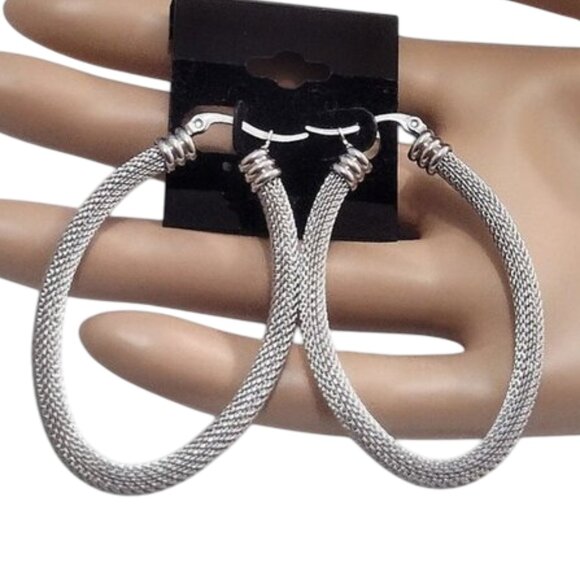 2 1/8" Long Oval Mesh Hoop Pierced Post Earrings Silver Tone 56mm Stainless Stee - Picture 3 of 6